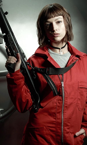 Tokyo from Money Heist in Red Jumpsuit Holding Rifle HD phone wallpaper