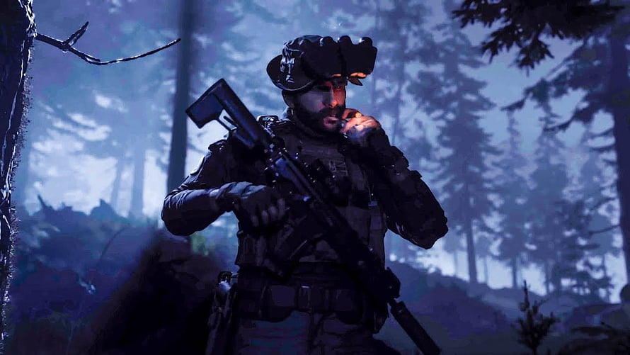 Captain Price in tactical gear holding rifle in misty forest at night from Call of Duty HD wallpaper