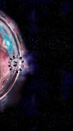 Interstellar Space Station Orbiting a Swirling Nebula in Deep Space HD phone wallpaper