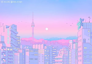Kawaii Aesthetic Seoul Cityscape with N Seoul Tower and Pastel Skyline HD wallpaper