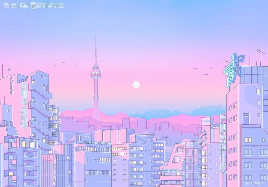 Kawaii Aesthetic Seoul Cityscape with N Seoul Tower and Pastel Skyline HD wallpaper