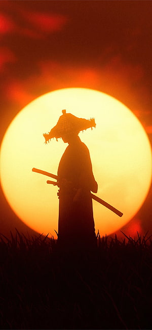 Silhouette of a Samurai Warrior in a Field Against a Massive Setting Sun HD phone wallpaper