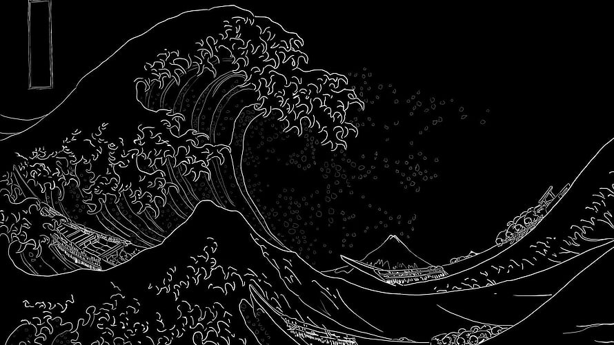 Great Wave off Kanagawa Line Art with Mount Fuji and Fishing Boats HD wallpaper