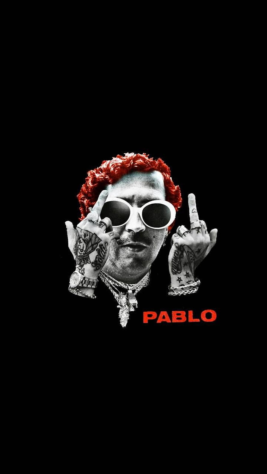 Pablo Escobar Stylized Portrait with Red Hair and White Sunglasses on Black Background HD phone wallpaper