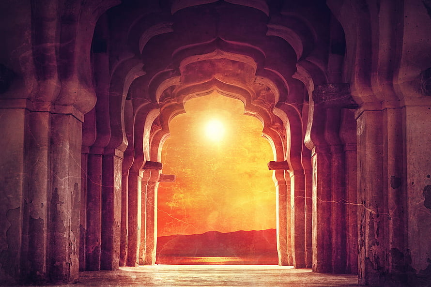 Sunlit Indian Palace Arches Framing a Golden Desert Horizon HD wallpaper