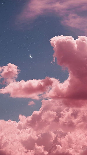 Dreamy Pink Clouds and Crescent Moon Under a Starry Twilight Sky HD phone wallpaper