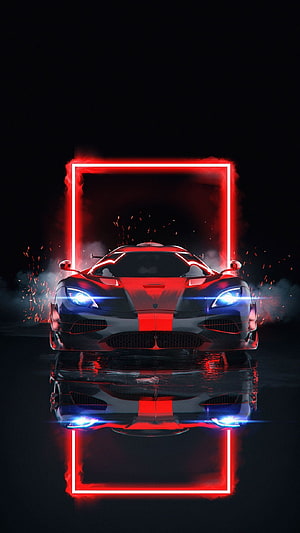 Red and Black Supercar with Neon Frame and Reflection HD phone wallpaper