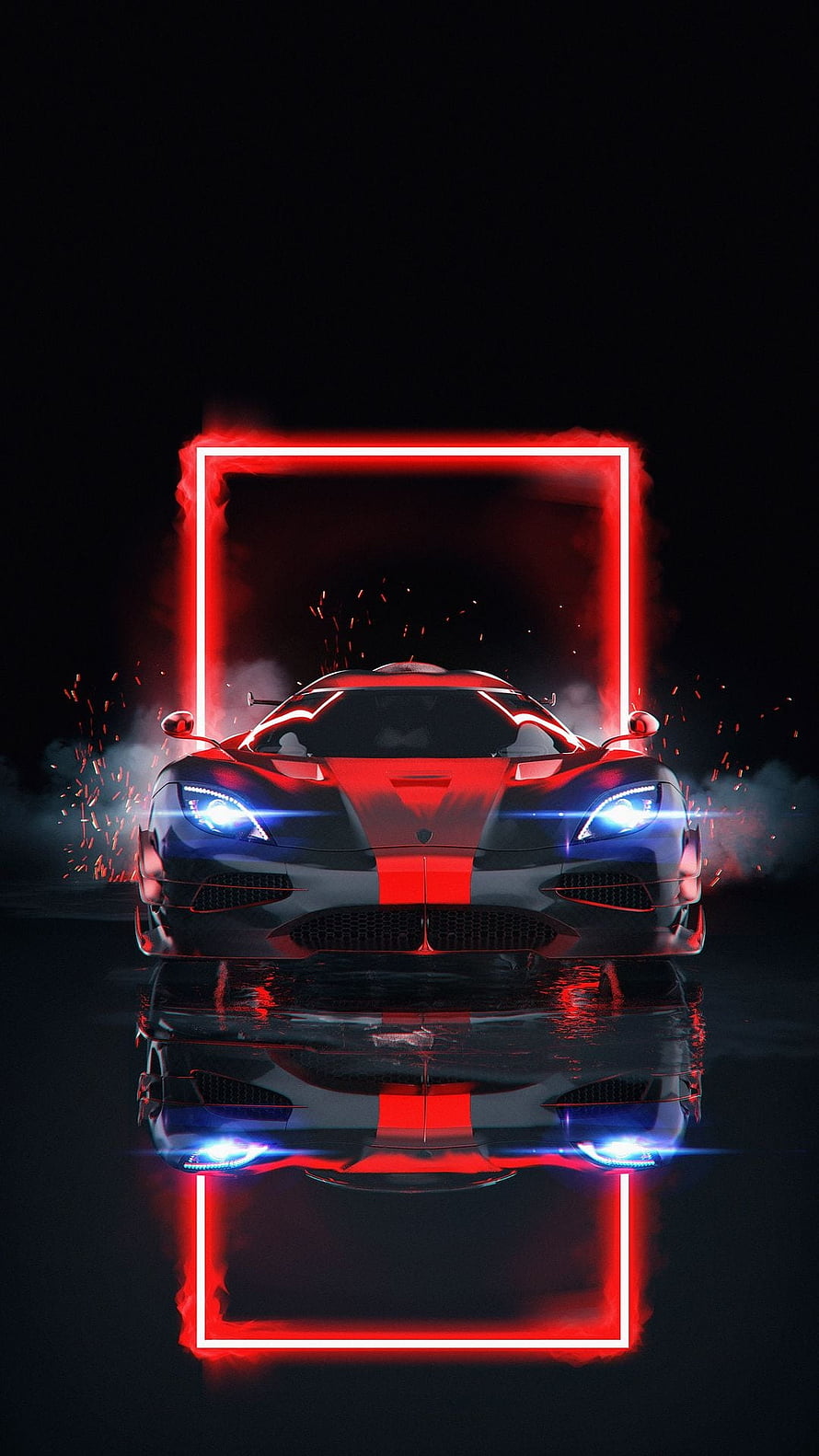 Red and Black Supercar with Neon Frame and Reflection HD phone wallpaper