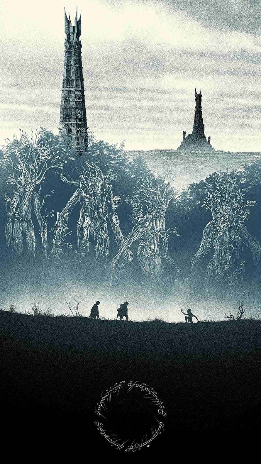 Lord of the Rings Fantasy Landscape with Ancient Towers and Silhouetted Figures HD phone wallpaper