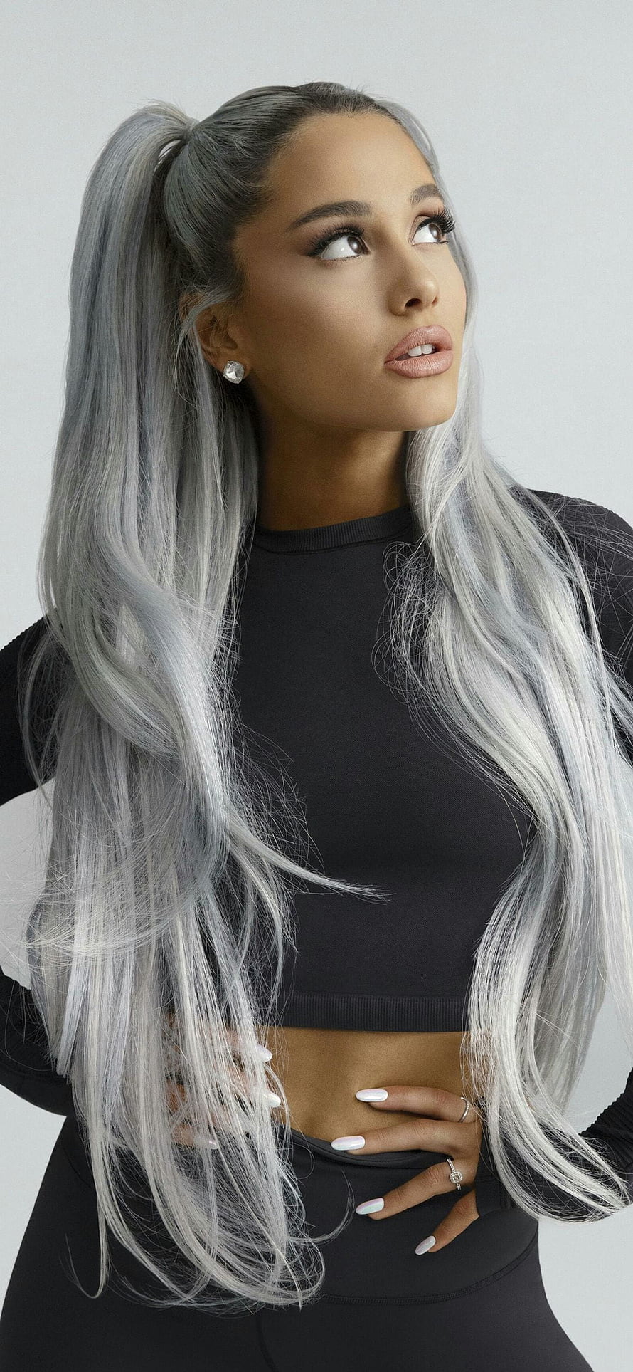 Ariana Grande in a black crop top with long silver hair and a high ponytail HD phone wallpaper