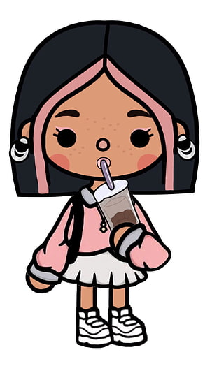 Cute Toca Boca Girl Character Sipping Bubble Tea in Pink Hoodie and White Skirt HD phone wallpaper