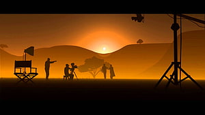 Silhouetted Film Crew Shooting a Scene at Sunset in the African Savanna HD wallpaper