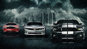 Dodge Challenger, Chevrolet Camaro, and Ford Mustang Shelby GT500 Muscle Cars in Rainy Cityscape HD wallpaper