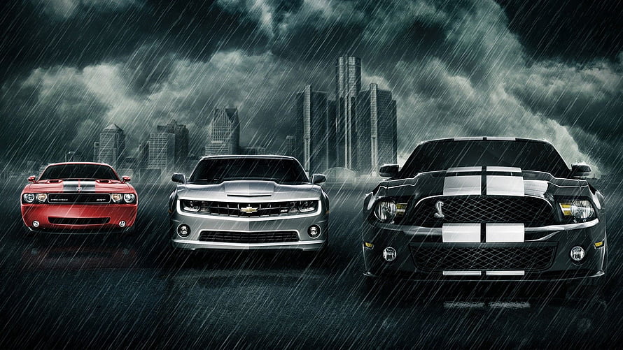 Dodge Challenger, Chevrolet Camaro, and Ford Mustang Shelby GT500 Muscle Cars in Rainy Cityscape HD wallpaper