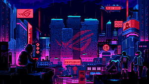 Pixel Art Cyberpunk Cityscape with Neon ROG and Republic of Gamers Signage HD wallpaper