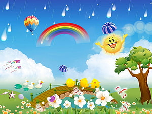 Colorful Cartoon Landscape with Rainbow, Sun, and Chicks on a Bridge HD wallpaper