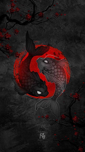 Dark Japanese Yin Yang Koi Fish Art with Red Cherry Blossoms and Ink Wash Style HD phone wallpaper
