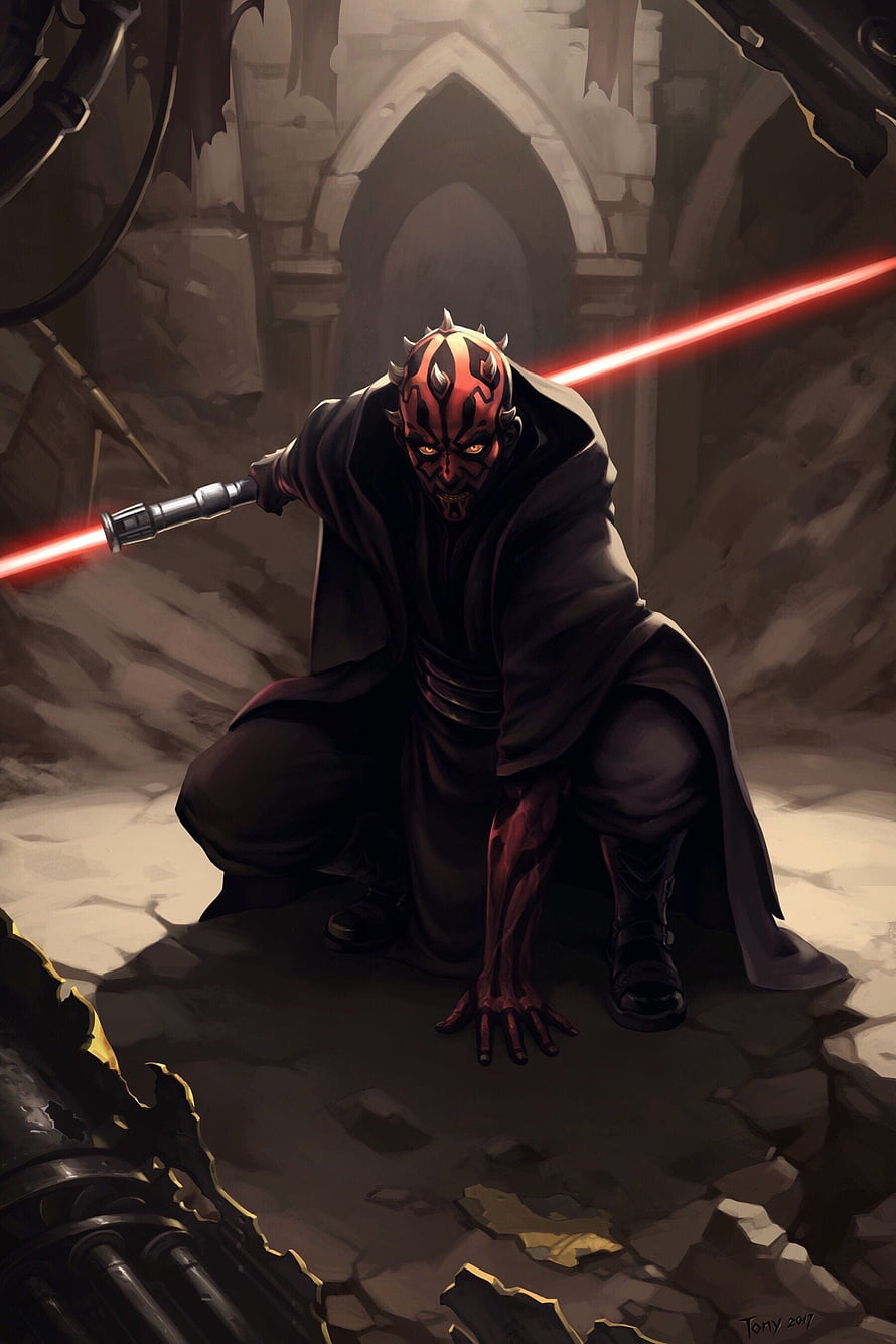 Darth Maul Crouching with Dual Red Lightsabers in a Dark Stone Cathedral HD phone wallpaper