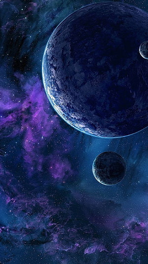 Mystical Space Scene with Blue Planet and Purple Nebula Clouds HD phone wallpaper