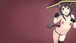 Anime Cat Girl Character in Witch Hat and Gloves on Maroon Background HD wallpaper