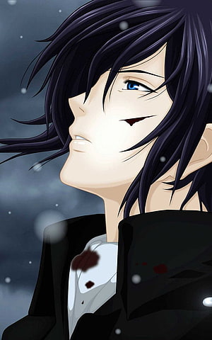Injured Anime Male Character With Dark Hair And Blue Eyes In Snowy Night Scene HD phone wallpaper