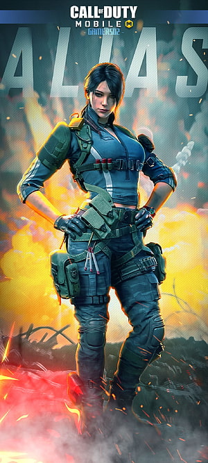 Call of Duty Mobile Alias Character Artwork with Tactical Gear and Fiery Battlefield Background HD phone wallpaper
