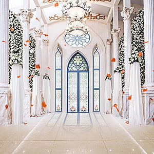 Elegant White Wedding Chapel with Gothic Arches and Floral Pillars HD phone wallpaper