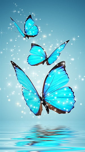 Three luminous blue morpho butterflies in flight above a calm water surface with sparkling light effects HD phone wallpaper
