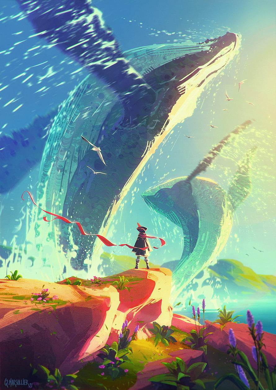 Surreal Digital Artwork of a Giant Whale Breaching Through a Cliffside Landscape HD phone wallpaper