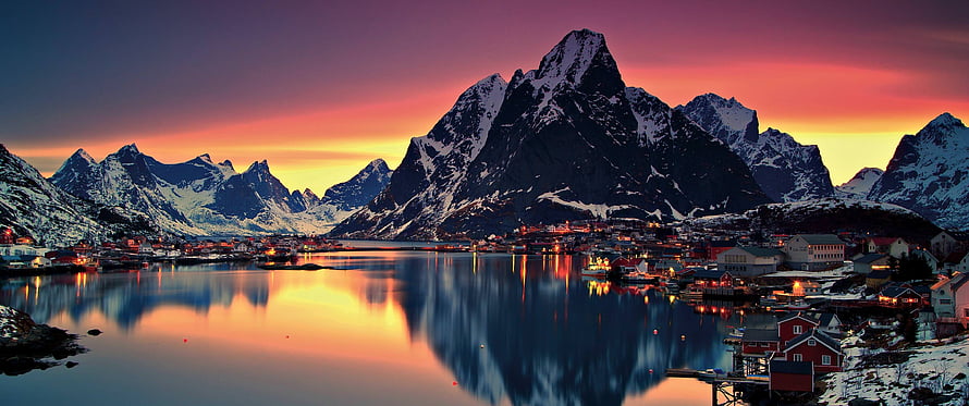Reine Village in Lofoten Islands at Winter Sunset with Snowy Peaks and Fjord Reflections HD wallpaper