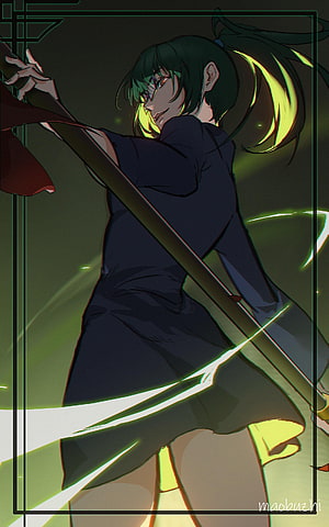 Maki Zenin from Jujutsu Kaisen wielding a staff in a dark green-lit anime illustration HD phone wallpaper