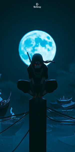 Itachi Uchiha Silhouette Perched on Pillar Under Full Moon in Naruto Anime Style HD phone wallpaper