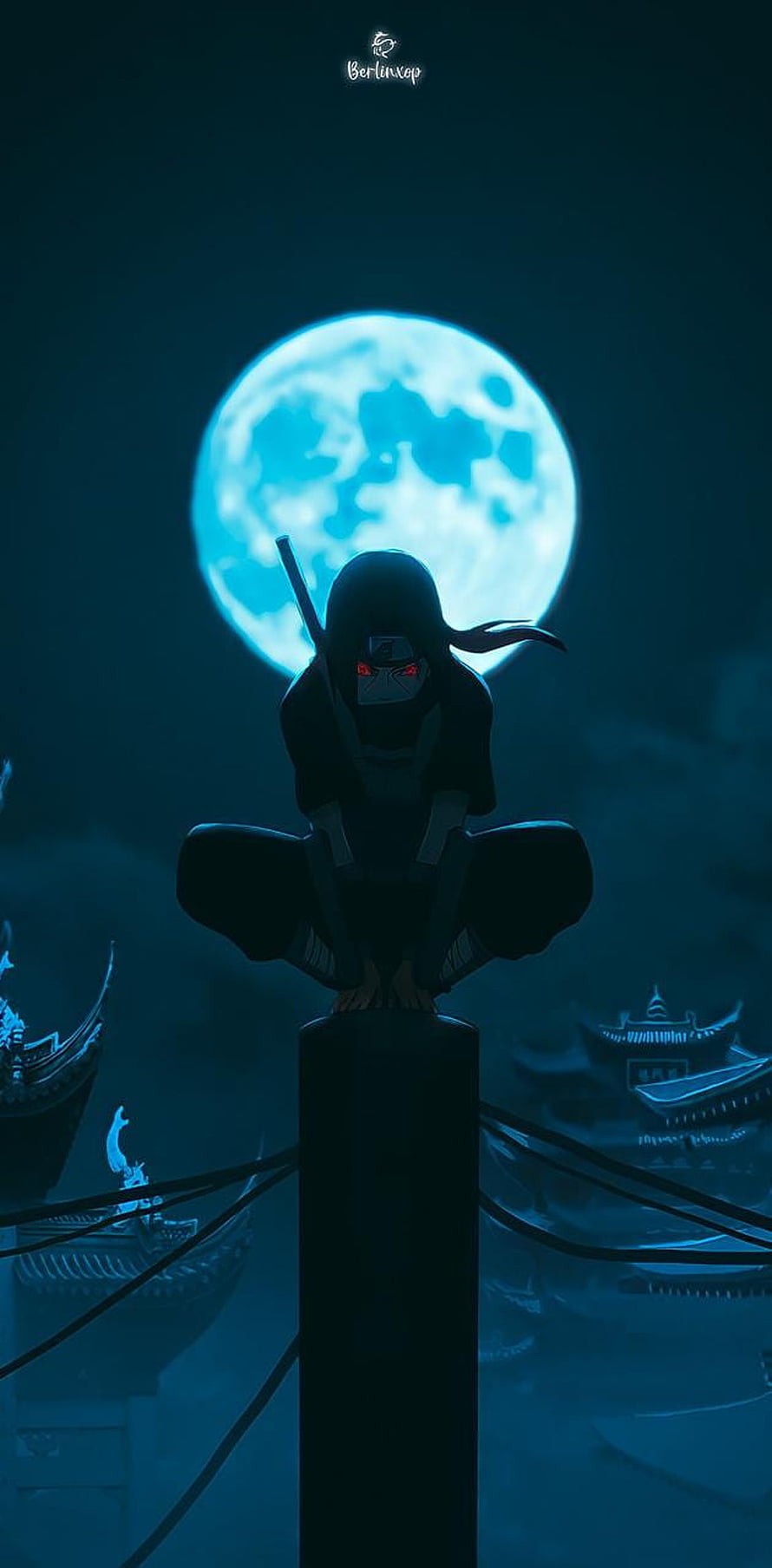 Itachi Uchiha Silhouette Perched on Pillar Under Full Moon in Naruto Anime Style HD phone wallpaper