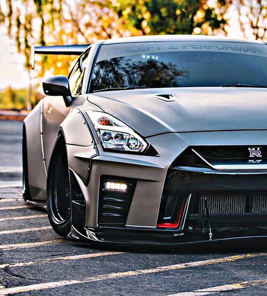 Nissan GT-R R35 Widebody Concept with Matte Grey Finish and Aggressive Front Bumper HD phone wallpaper