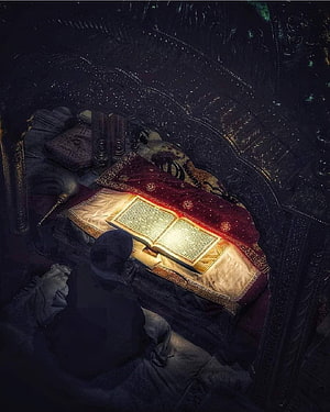 Guru Granth Sahib on a Red Cushion in a Dimly Lit Sacred Space HD phone wallpaper