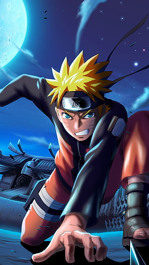 Naruto Uzumaki in Dynamic Action Pose Under a Glowing Full Moon HD phone wallpaper