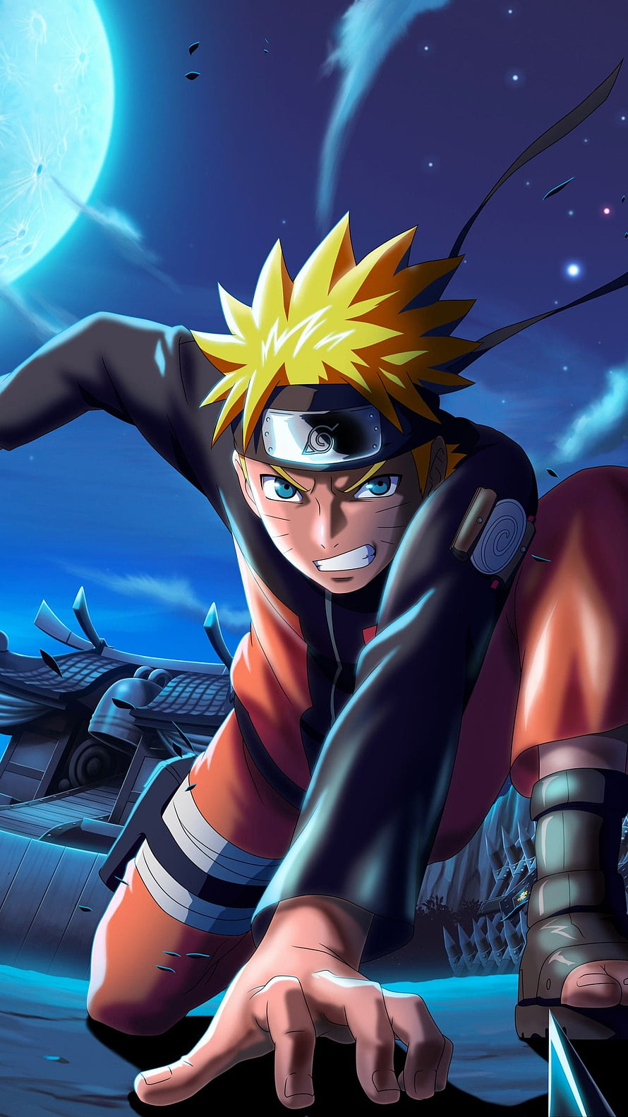 Naruto Uzumaki in Dynamic Action Pose Under a Glowing Full Moon HD phone wallpaper
