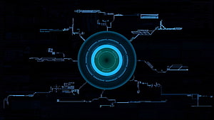 Futuristic Digital Interface with Central Circular Core and Circuit Diagrams on Dark Background HD wallpaper