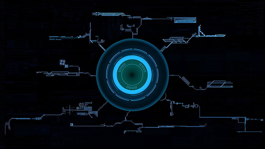 Futuristic Digital Interface with Central Circular Core and Circuit Diagrams on Dark Background HD wallpaper