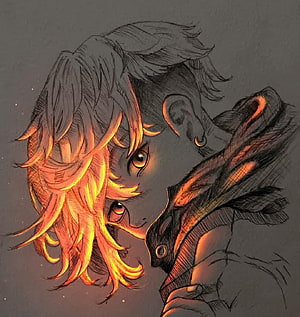 Anime Character Portrait with Fiery Orange Hair and Digital Glow Art Style HD phone wallpaper