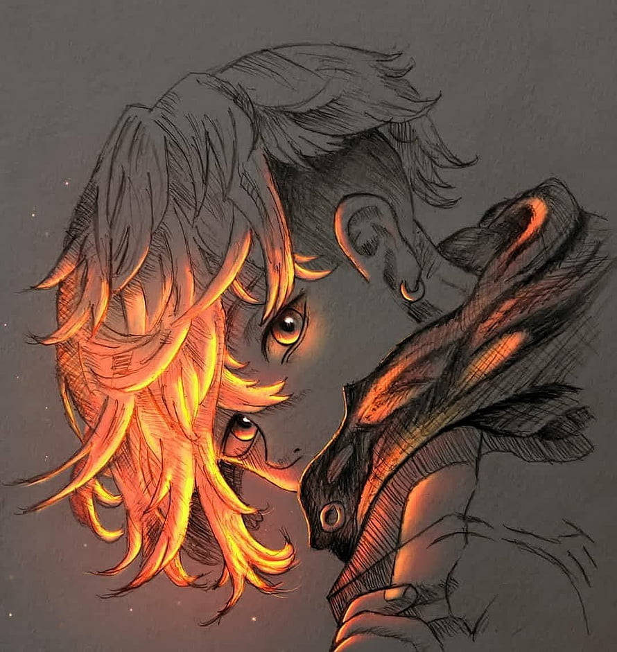 Anime Character Portrait with Fiery Orange Hair and Digital Glow Art Style HD phone wallpaper