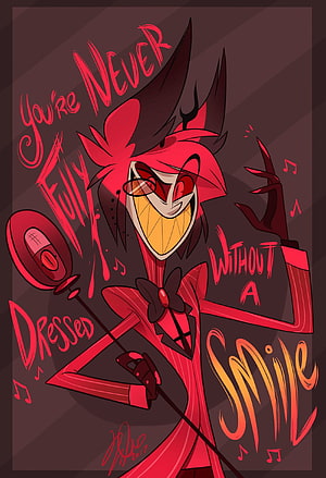 Alastor from Hazbin Hotel in a red suit holding a microphone with a wide grin HD phone wallpaper