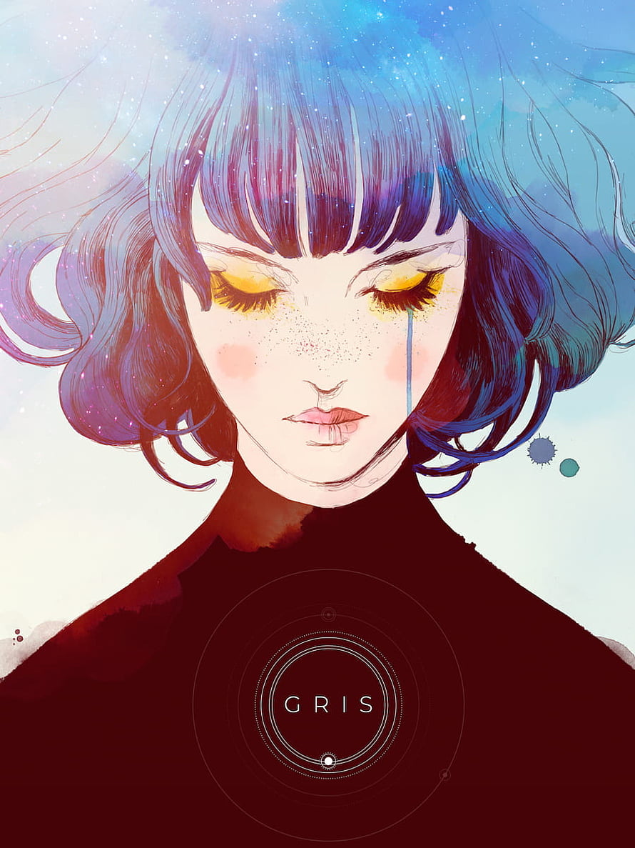 Gris Game Artwork: Ethereal Woman with Cosmic Hair and Golden Eyes HD phone wallpaper