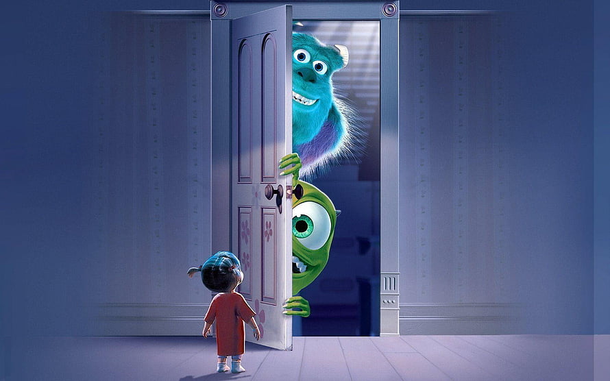 Monsters Inc. Scene with Sulley, Mike Wazowski, and Boo at the Doorway HD wallpaper