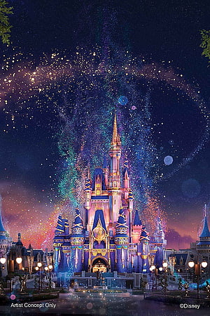 Walt Disney World 50th Anniversary Castle Fireworks and Sparkling Night Sky Concept Art HD phone wallpaper