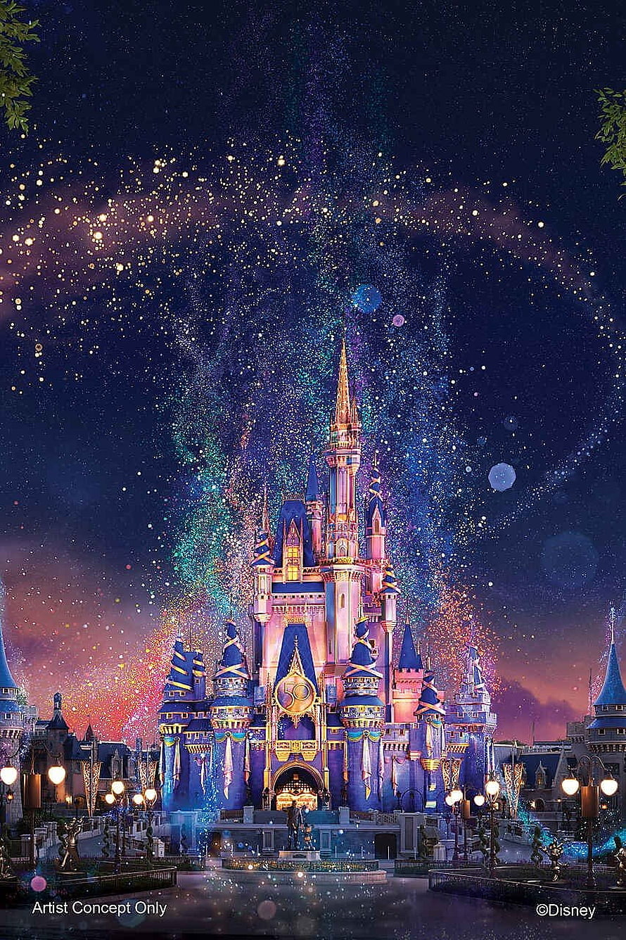 Walt Disney World 50th Anniversary Castle Fireworks and Sparkling Night Sky Concept Art HD phone wallpaper