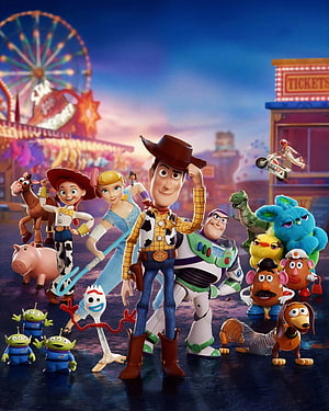 Toy Story 4 Ensemble Cast at Carnival with Woody, Buzz, Bo Peep, and Forky HD phone wallpaper