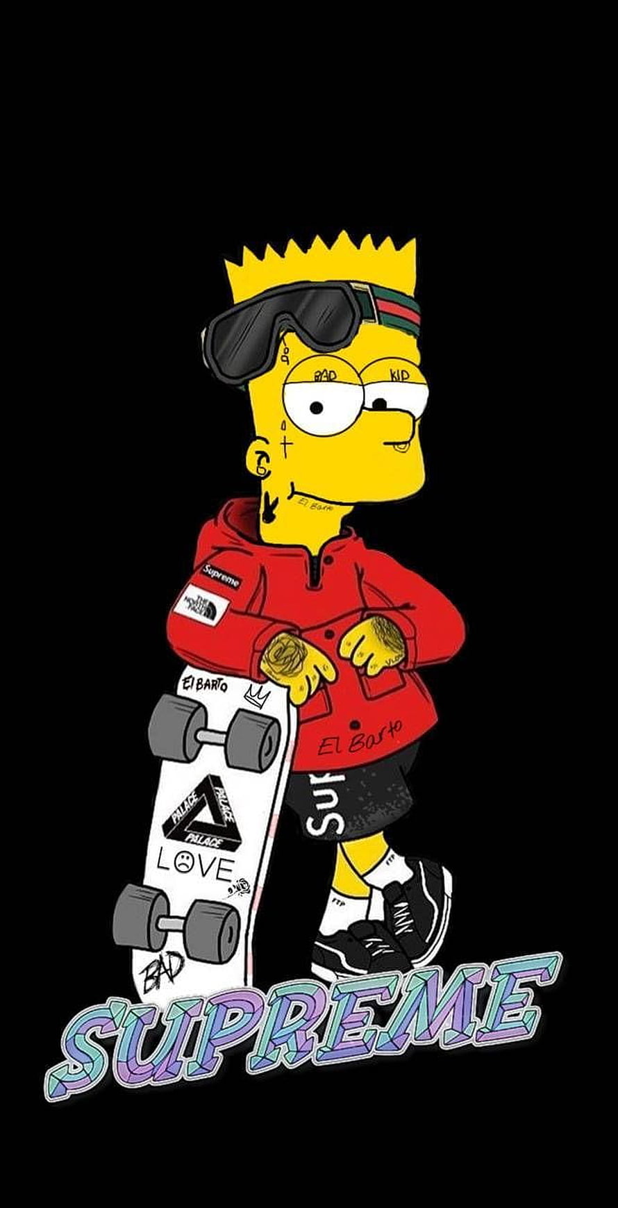 Bart Simpson Streetwear Skateboard Illustration with Supreme and Palace Branding HD phone wallpaper