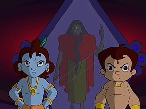 Chhota Bheem and Krishna Confronting a Shadowy Figure in a Mystical Setting HD wallpaper