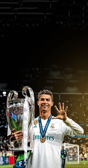 Cristiano Ronaldo Celebrating With The UEFA Champions League Trophy In Real Madrid Kit HD phone wallpaper